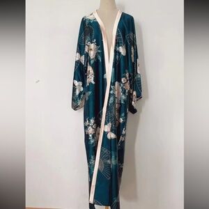 1130.  Long Floral Satin Kimono Robe in Teal with Cream Trim
